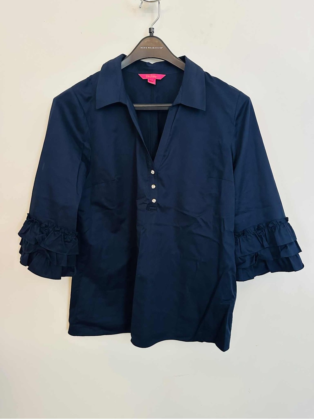 Lilly Pulitzer Navy Ruffle Sleeve Collared V-Neck Blouse